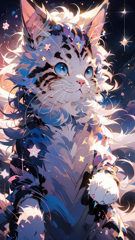 anime cat with blue eyes and stars in the background, anime cat, anime visual of a cute cat, realistic anime cat, cute detailed ...