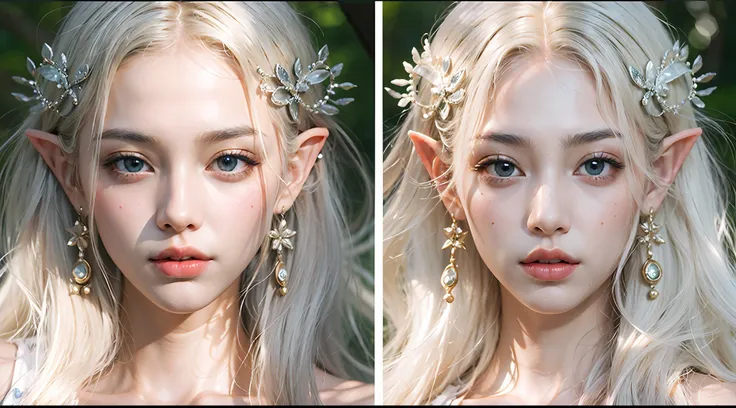 elf princess，ln the forest，platinum hair accessories，(photorealistic:1.4), (masterpiece, side-lighting, fine detailed beautiful ...