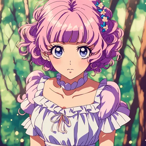 1 princess，thick curls，(beautiful dress)，pretty eyes, bob cut，blunt bangs，blush，bushy hair，pastelcolor，retro anime，1990s anime，t...