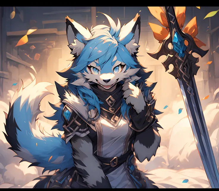 anime cat sitting on bed，blue eyes holding a sword, pov furry art, furry anime, sfw version, anthro paw pov art, hairy chest, fu...