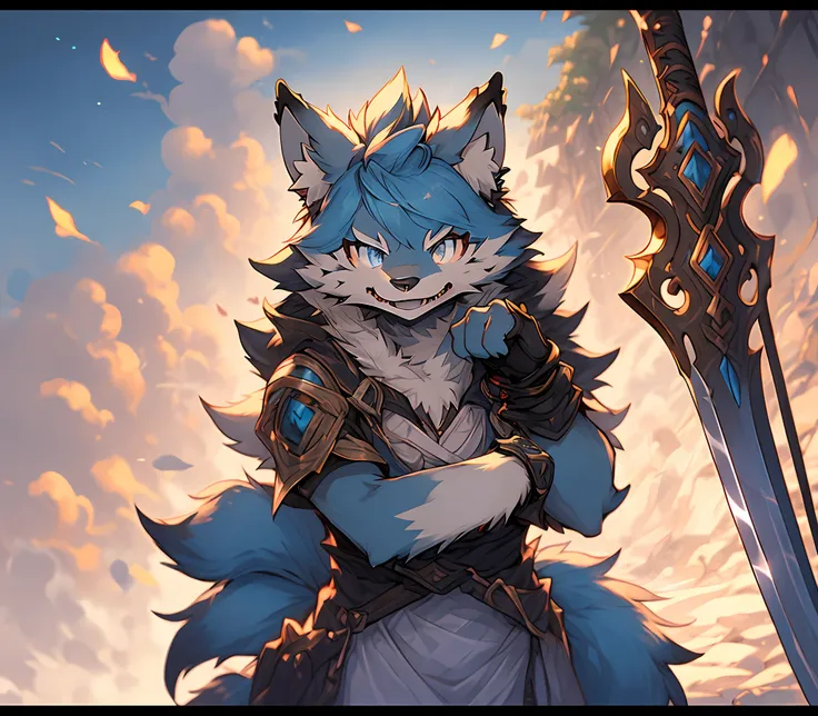 anime cat sitting on bed，blue eyes holding a sword, pov furry art, furry anime, sfw version, anthro paw pov art, hairy chest, fu...