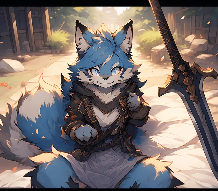 anime cat sitting on bed，blue eyes holding a sword, pov furry art, furry anime, sfw version, anthro paw pov art, hairy chest, fu...