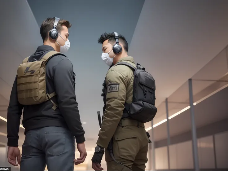 ((high qulity)), ((tmasterpiece)), 8k, 2 men, bulletproof vest, llight rays, the Extremely Detailed CG Unity 8K Wallpapers, GameCG, looking at viewert, mitts, boots, full bodyesbian, Wrist watch, Computer,masks,UAVs,handheldweapons,Earphone,jaket,Bao,backp...
