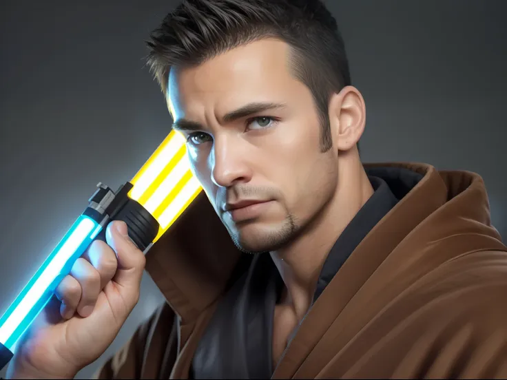 create a man, star wars character, hold your lightsaber in front of your face, 30 age old，weight 70 lbs，dark-skin，wearing a ligh...