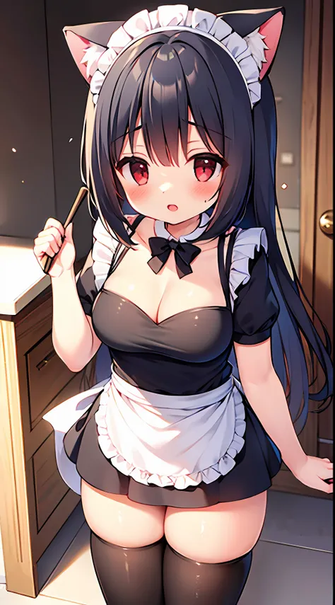 ((cleavage ,apron ,thighs)) ,black hair ,red eyes ,cat girl