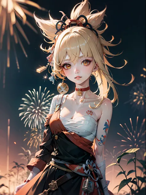 abstract colours、Textured、filmgrain、skin pore、Dusty atmospheric haze、Vignetting、Wrinkles:0.2 RAW full-body dramatic portrait photos,A beautiful girl kept a long one(wind blown)1.2 Hair,(filmgrain)1.2,golden hair,head gear,Watch the fireworks,natta