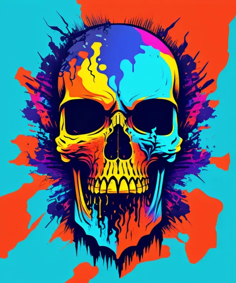 (portrait of a cyberpunk skull with colorful fluid l:1) ,  t-shirt logo in the style of tapered fine outline,  orthographic view...