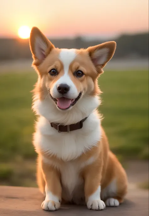 happy little corgi dog，smile happily at you，close up photograph，the sunset，80mm，f/1.8，degrees of freedom，bokeh，depth of fields，s...