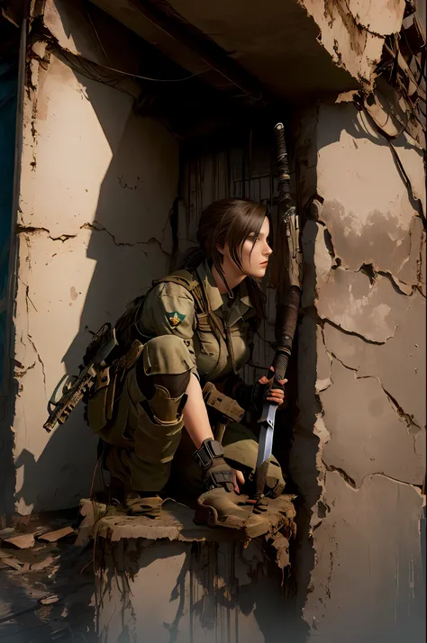 uma mulher com uma espada sentada em cima de uma mesa enferrujada, In a post-apocalyptic setting, post - apocalyptic cowgirl, Post - Apocalyptic style, post apocalyptic attire, pose, Post apocalyptic, desembainhando sua katana, postapocalyptic style, posta...