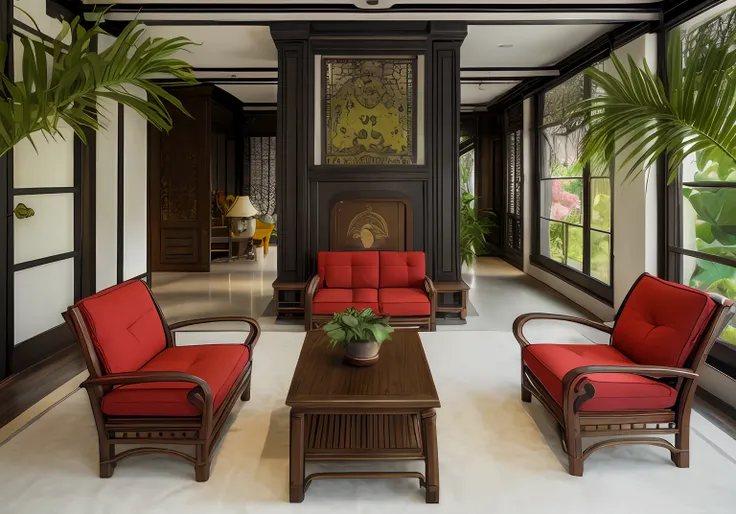 wood floor, indochine style, sofa classic, classic table, celling light