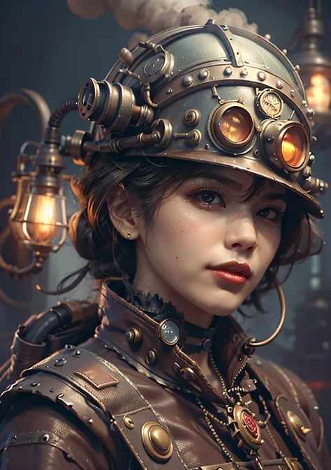 there's a woman with a steam-powered helmet, arte conceitual steampunk, arte steampunk digital, arte steampunk de alta qualidade...