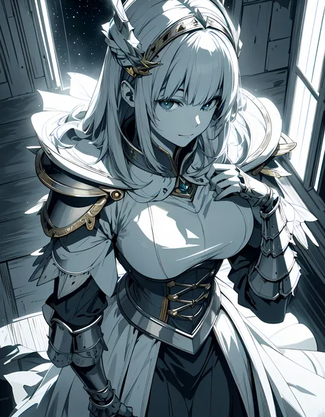 Palace, A high resolution, (巨作:1.4), A highly detailed, 1girll, From above, space, sitted, King Knight Armor, Sharp focus, (Cinematic lighting), (1girll), Slight smile,The 5 fingers of each hand are very detailed,
