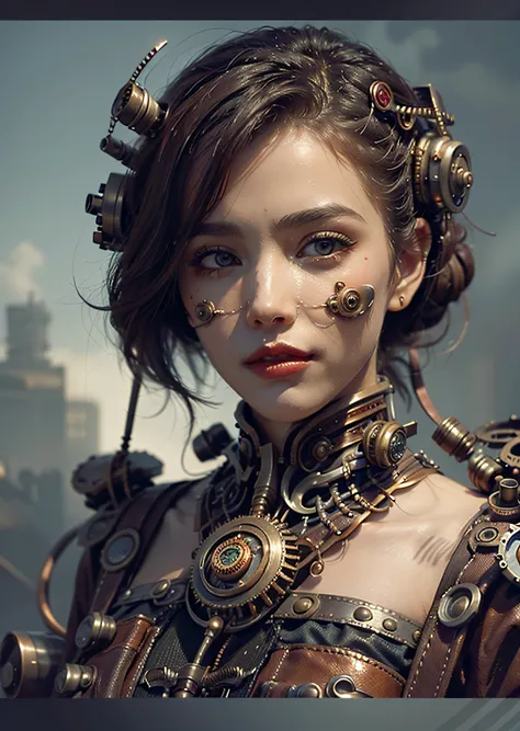 Theres a woman facing, super close, jaqueta de couro steampunk, arte conceitual steampunk, arte steampunk digital, arte steampunk de alta qualidade, Wojtek FUS, arte digital steampunk, detailed steampunk illustration, Portrait of a mechanical woman, arte s...