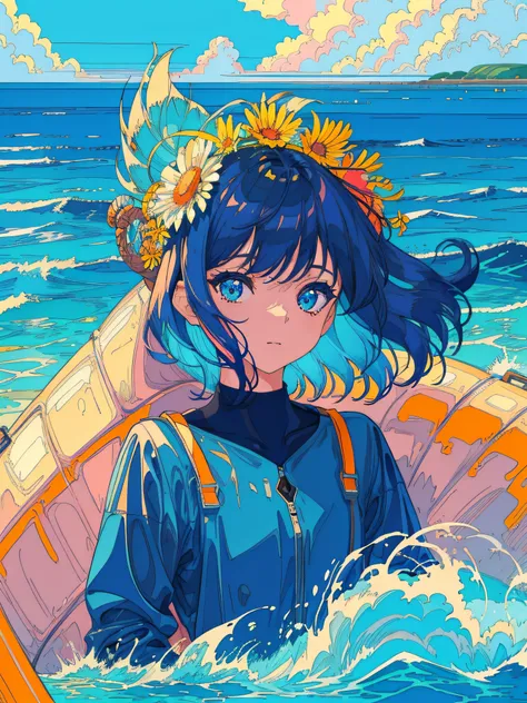 blue sea, face closeup, mature girl, bright colors, saturated colors, clouds over the sea, hide your hands, the wind blows