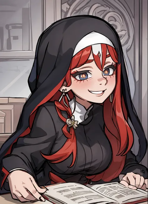 nun, sister, love in eyes, long red hair, red pupils, blushing, cute, smug, smile, rolling eyes, black nun outfit, goat horn, bl...