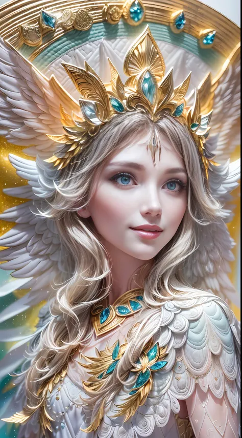 (full body shot of:1.4),  white background, (1 angel girl,shiny wings, halo, exquisite headdress, smile), (3drenderingof，paper a...