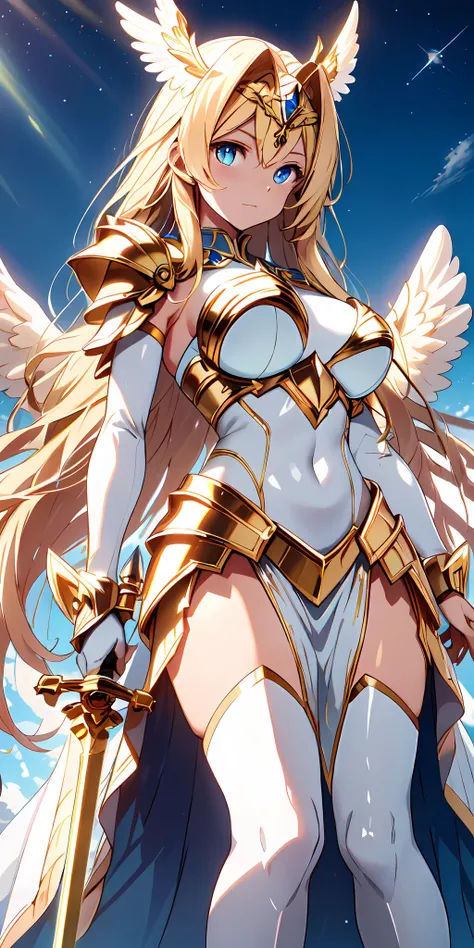 radiant angel guardian, her skin glowed like the first rays of dawn, stretch the wings of a beacon of hope on a sacred battlefie...