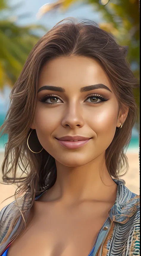 ((Vista de Cuerpo completo)), ((Buenas manos)), ((manos perfectas)), ((realismo)), ((vista frontal)), young beautiful woman, detailed face, makeup, SMILE TO CAMERA, beach, palms, high quality, ultra resolution, 8k, masterpiece, detailed, big tits, full bdy...