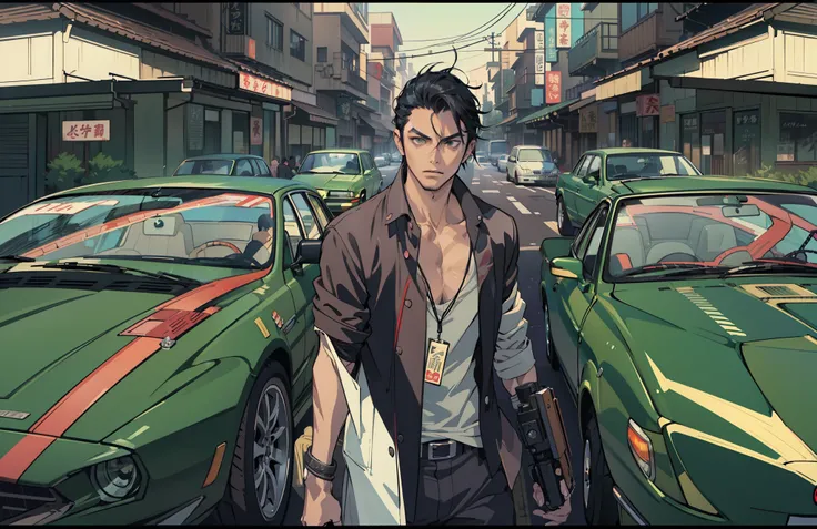 Five Yakuza, Cinematic Full Shot Camera, (Camera FS), art style, Ground Level Camera, (Perfect Bodies), (Perfect face), (Perfect eye), Dangerous, bad Ass, standing in front of the car, epic, male, Anime style, vector illustration, (((Ghibli studio))), Mako...