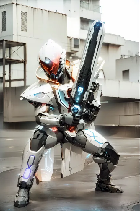 Realiy,photorealestic,Machinary,mechs,Technologie,musculous,glowing light eyes,Burly body,style of photography,Real scenery(Metallic texture 1.8)(Excess detail 2)(High resolution1.6)(4K clarity1.9)(Carbon fiber 1.5)(Metal reflection 1.5),Neon lights,Sword ...