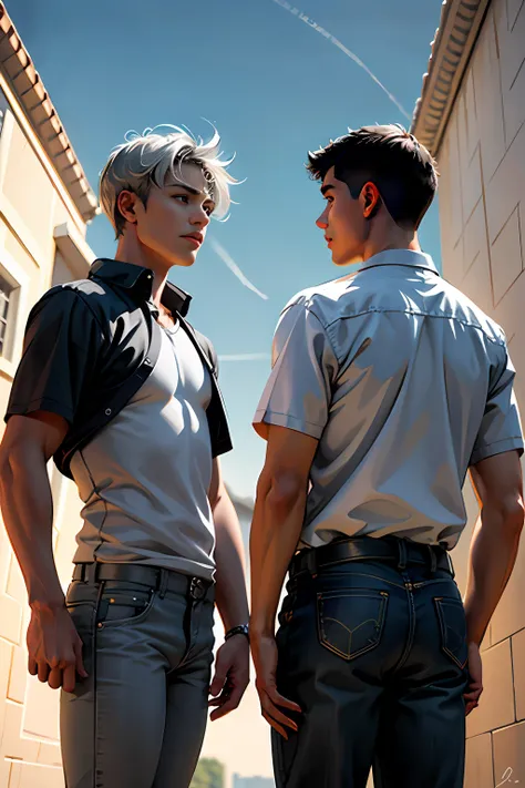 Two 15-year-old teenage friends with Latin skin and light gray hair at school are talking about an important topic are friends almost like brothers..........Magnificent background of the sky, dramatic, hermoso, premiado, obra maestra,