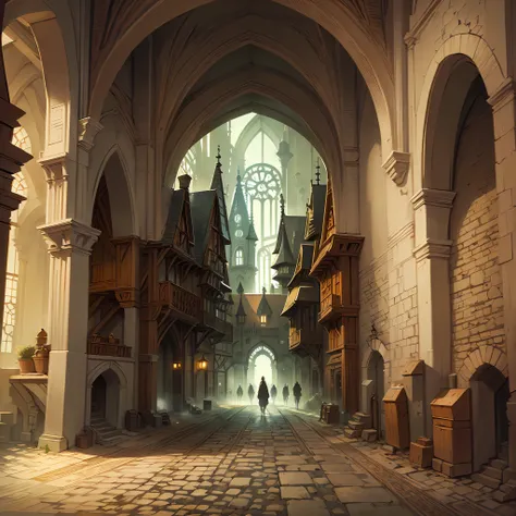 beautiful illustration of a medieval city hall, medieval citizen, detailed, intricate.