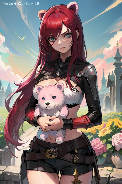 Katarina de League of Legends: 1.5), (cabelo vermelho 1.5), The character is the Katarina of League of Legends, Shes holding a pink bear, Ela tem uma cicatriz grande vertical no olho esquerdo, Masterpeace, best quality, 1girl, 18yo menina, Fundo, (calcinha...