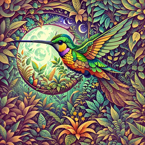 highly detailed humming bird with colorful jungle around, fantasy, moon