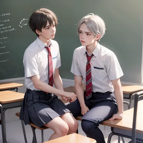 Two 15-year-old teenage friends with Latin skin and straight light gray hair are at school, They wear white high school uniforms are talking about an important topic they are friends almost like brothers.....