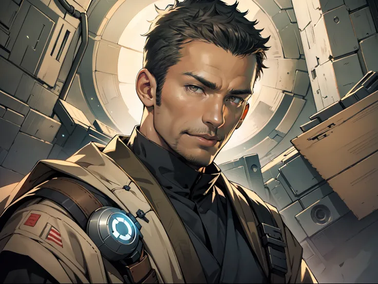 Create a man, star wars character, Hold your lightsaber in front of your face, 30 age old,Weight 70 lbs,dark-skin,Wearing a light-colored robe, Wear black earrings, Curly and short, The sides are slightly shaved, Brown eyes, Mysterious eyes, Detailed anato...