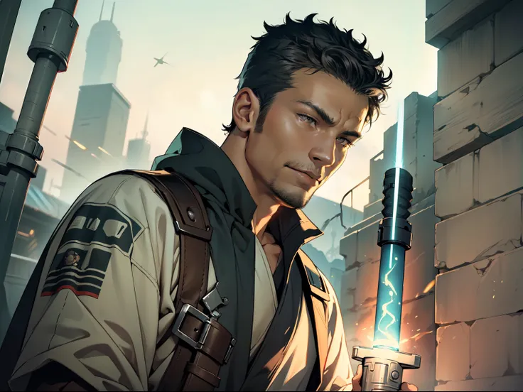 Create a man, star wars character, Hold your lightsaber in front of your face, 30 age old,Weight 70 lbs,dark-skin,Wearing a light-colored robe, Wear black earrings, Curly and short, The sides are slightly shaved, Brown eyes, Mysterious eyes, Detailed anato...