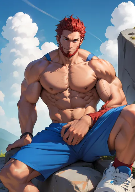 iskandar,solo, 1人, heads-up view，large muscles，polysomal hair， athletic sneakers, muscular, large pecs,photos of everyday life， ...