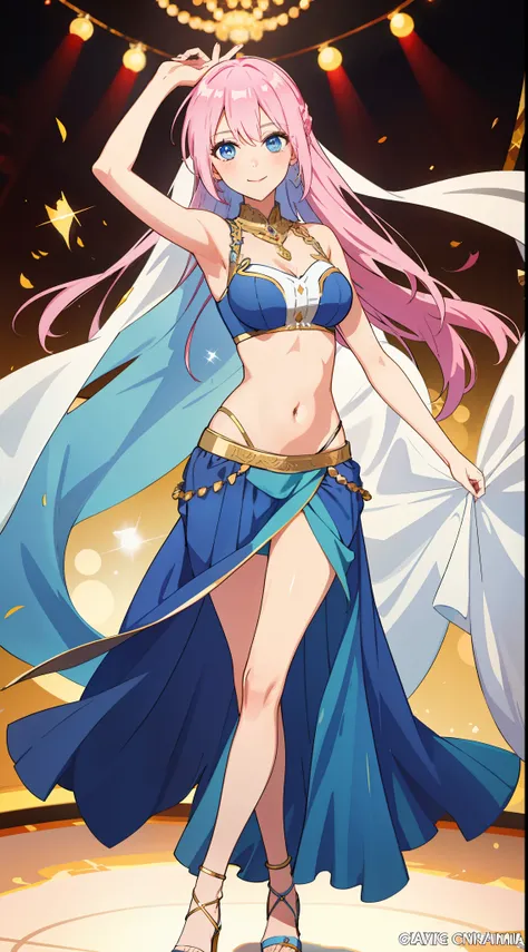 shikimori, medium breast, slim legs, blue gown, navel, skirt, standing, beautiful eyes, blue eyes, happy, arabian belly dancer, stage