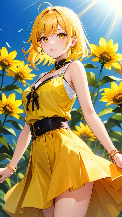 (tmasterpiece,best qualtiy:1.2),(looking at viewert),Nice face,Yellow theme,cowboy lens,rays of sunshine,Yellow hair,yellow eyes,Yellow jewelry,nedium breasts,Yellow flower background,Hairstyle Random,Orange clothes