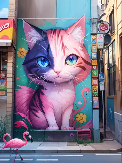 cat face with a flamingo body, in street art style