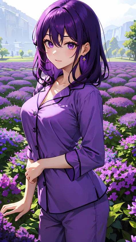 (tmasterpiece,best qualtiy:1.2),(looking at viewert),Nice face,purple color-theme,cowboy lens,rays of sunshine,Purple hair,a purple eye,Purple jewelry,nedium breasts,Violet Garden,Princess hairstyle,Purple pajamas