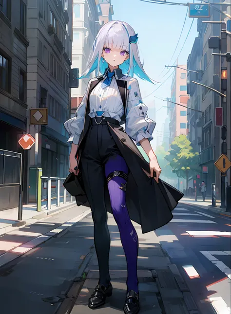 best quality, 4K wallpaper, masterpiece, extremely detailed CG unity 8k wallpaper, extremely detailed eyes, ultra-detailed, intricate details, 1girl, solo,purple eyes, Balenciaga outfit, shirt, hair ornament, trousers, black legwear, shoes, looking at view...