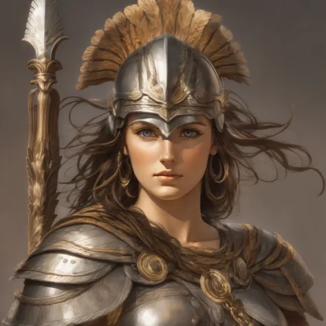 greek goddess athena, brown hair, gray eyes, greek helmet, she is holdind a spear and wearing a light greek armor