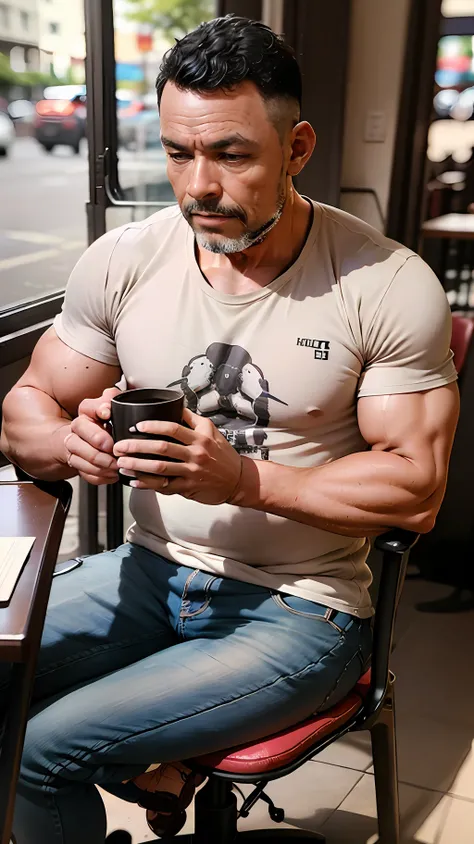 crie uma imagem de um homem forte, but standard body, sitting at a café, sipping your coffee in a white cup. o foco deve ser ape...