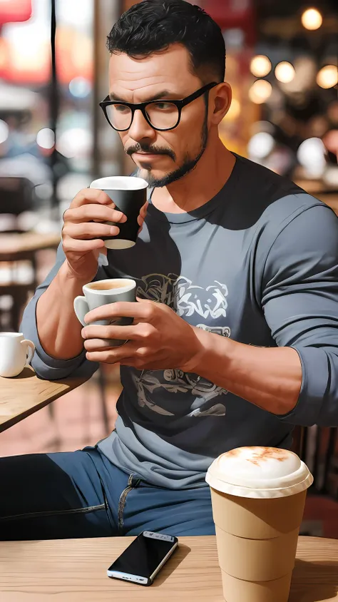 crie uma imagem de um homem forte, but standard body, sitting at a café, sipping your coffee in a white cup. o foco deve ser ape...