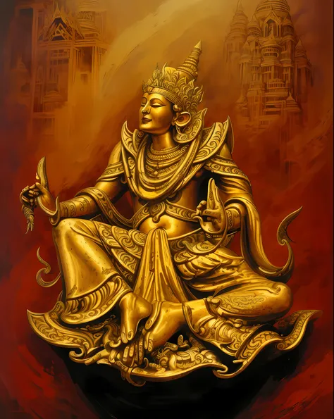 painting of a golden statue of a person sitting on a red surface, the god emperor of mankind, by sasha putrya, thailand art, tit...