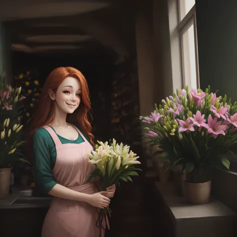 Illustration red-haired woman smiling happily in a flower shop, retratada em uma bela pintura digital de alta qualidade e detalhes impressionantes, com um ambiente iluminado e sombras realistas. The redhead wears a green apron as she deftly prepares a bouq...