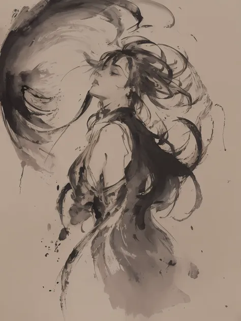 1 inspired woman, dress, dancing, fantasy, abstract (ink sketch, full body shot by brad kunkle) wind, energy flow high contrast ...