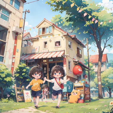 2girls, playing around in the city with a puppy dog, colorful, children book, child anime, cute, adorable, whimsical, illustrati...