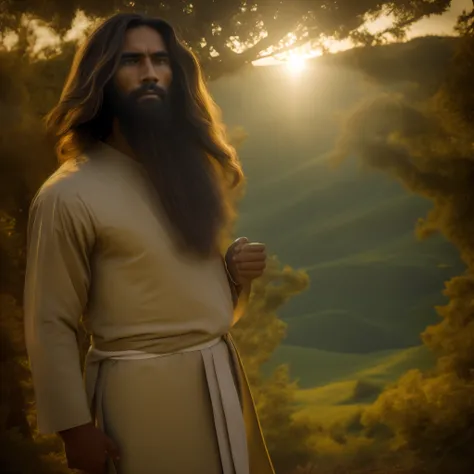 In the image, we see Jesus Christ portrayed in rich detail in a scene that harkens back to his time. He is dressed in a long, simple tunic, made of textured fabric and in earthy tones. His hair and beard are long and slightly wavy, demonstrating his mascul...