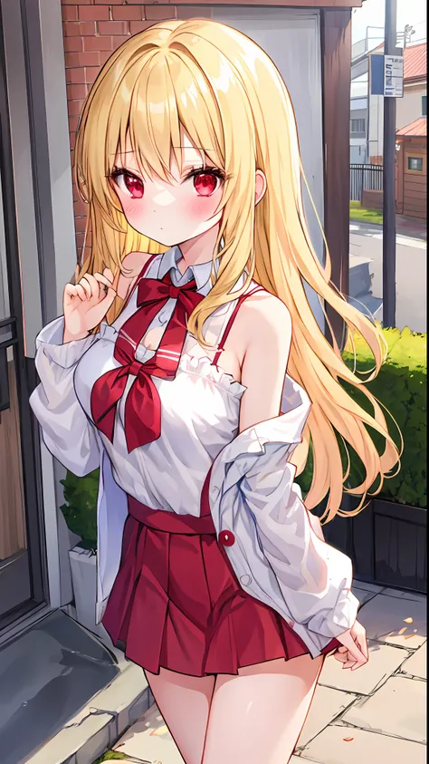 a blond、red eyes、one girl、kawaii、animesque、fluffy clothes、off shoulders、a miniskirt、outside of house、red blush