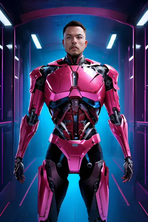 arafed man in a pink suit standing in a hallway, barbie ciborgue, armadura rosa simplificada, cyborg foto de moda, modelo de mod...