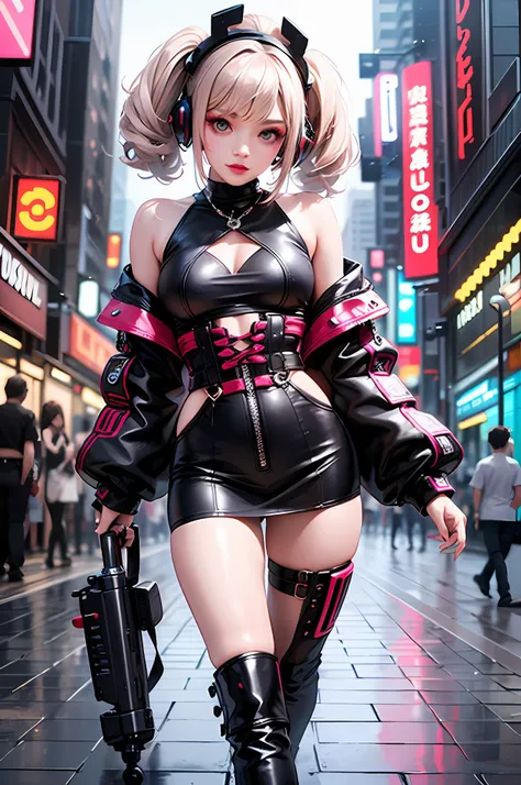 masterpiece, best quality, full body, 1girl, Confident girl with sassy expression, Harajuku-inspired pop outfit, bold colors and patterns, eye-catching accessories, trendy and innovative hairstyle, vibrant makeup, futuristic and dazzling cyberpunk cityscap...