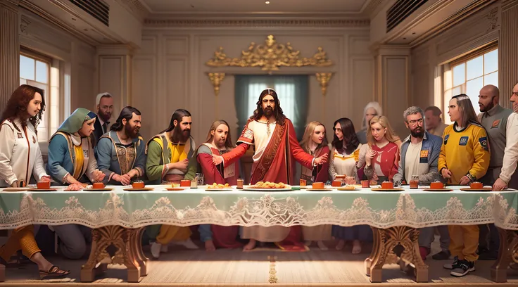 Create the Last Supper, de Da Vinci, View from the perspective of the business meeting table in a room in a modern building, Arte hiperrealista, 3D rendering, lighting dramatic, twelve apostles and Jesus Christ is at the bedside, Jesus, with your hands on ...