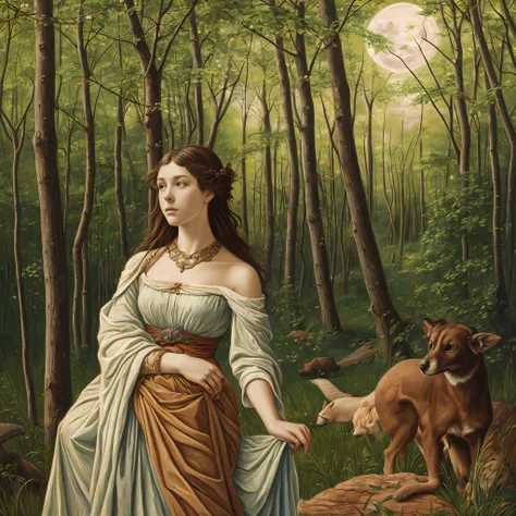 an image of a mystical girl in the woods whispering to animals, highlighted by ethereal moonlight, extremely detailed, ultra rea...